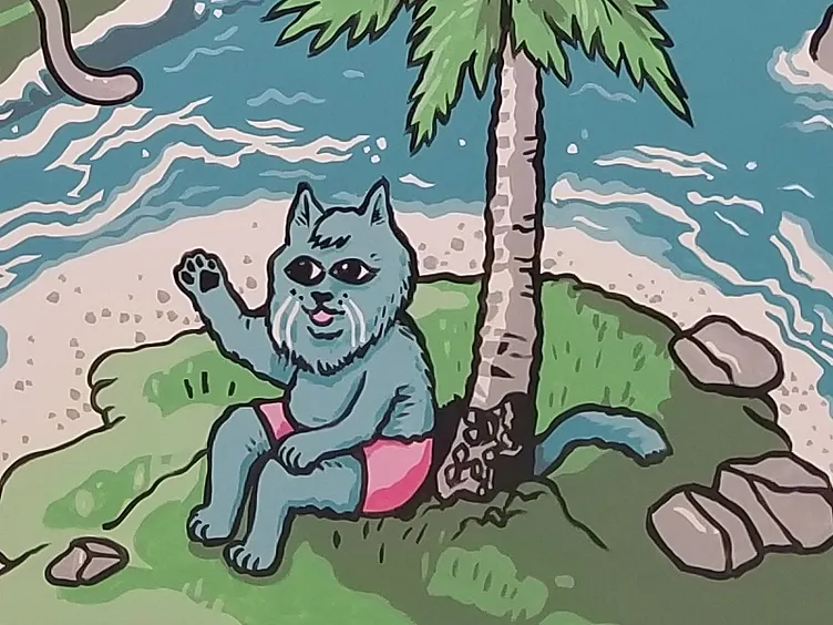 The original desert island cat mural panel: a blue-gray cat in pink shorts, waving from a rocky patch of grass beside a palm tree, painted in a rougher, painterly mural style