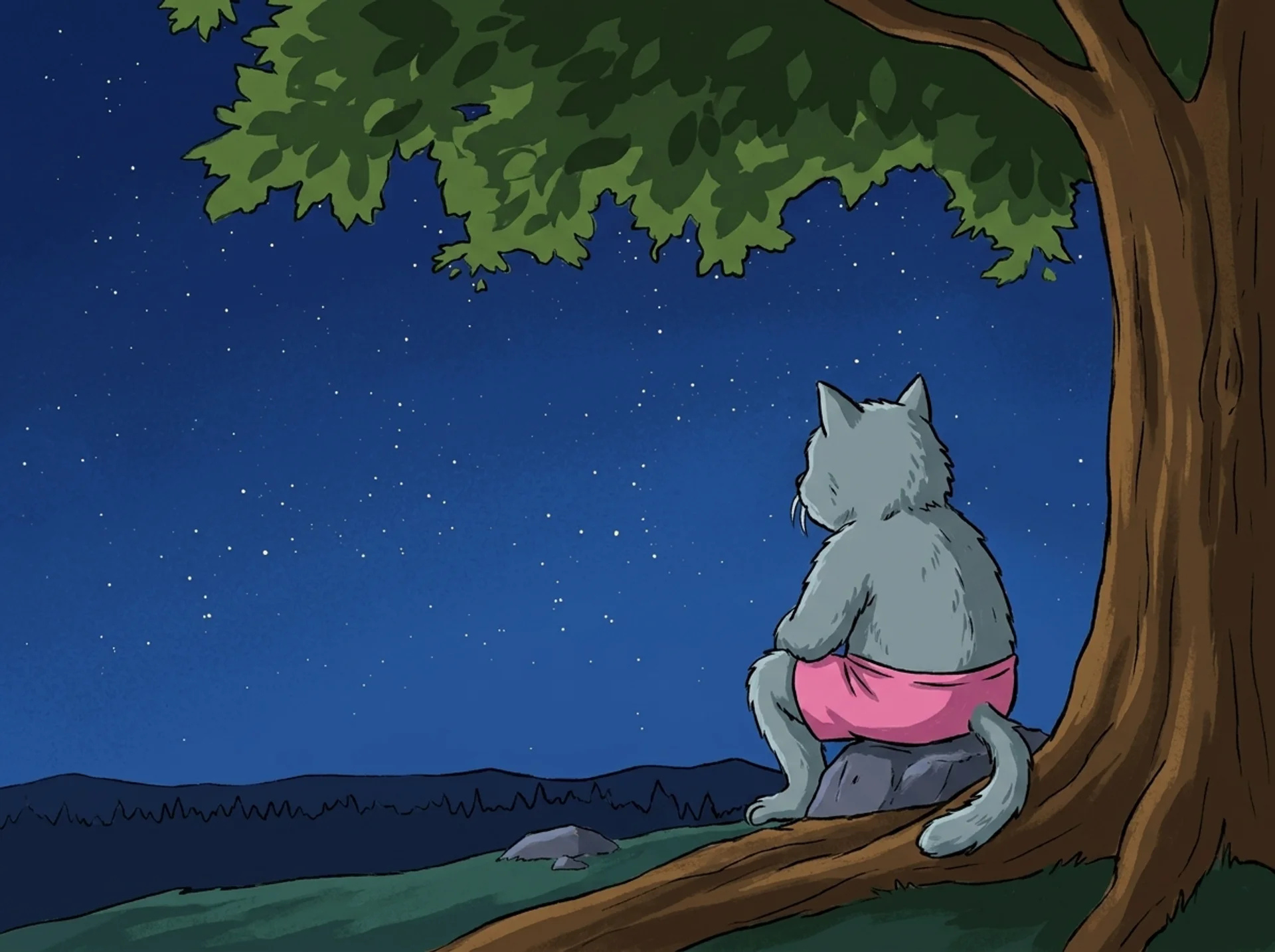 Fan art: the cat sitting on a branch at night, looking up at the stars