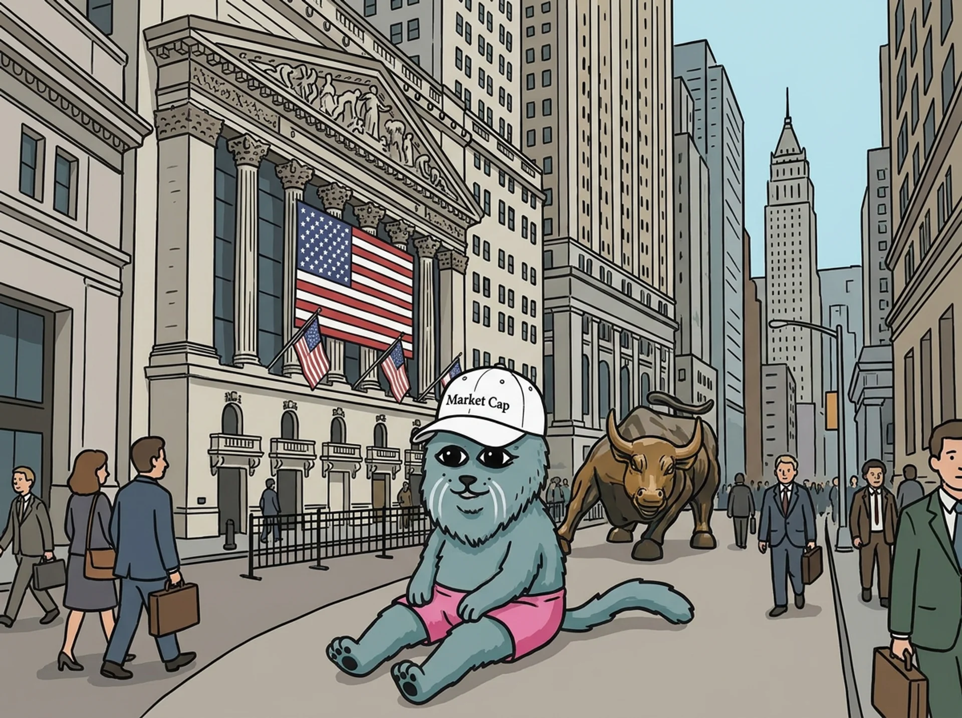 Fan art: the cat sitting on Wall Street in front of the NYSE and the Charging Bull, wearing a cap that says Market Cap